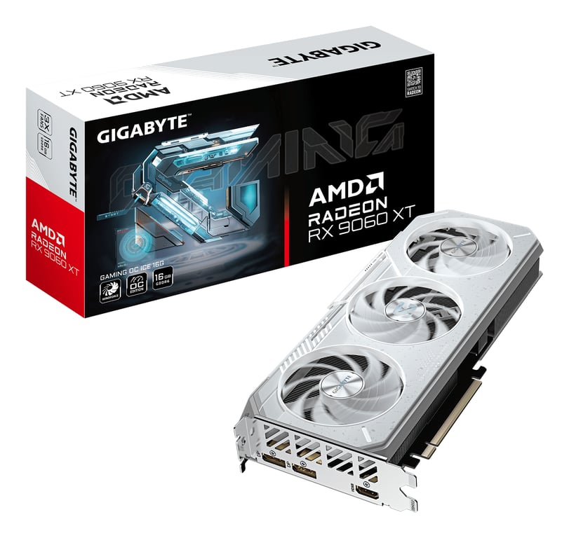 GIGABYTE GAMING Carte Graphique Radeon RX 9060 XT OC ICE 16G - 16GB GDDR6, 256bit, PCI-E 5.0, 3320 MHz Core Clock, 2 x DisplayPort, 1 x HDMI, GV-R906XGAMINGOCICE-16GD - Neuf
