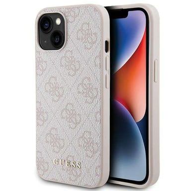 Custodia Guess per iPhone 15 6.1'' rosa Custodia rigida 4G Logo oro metallo