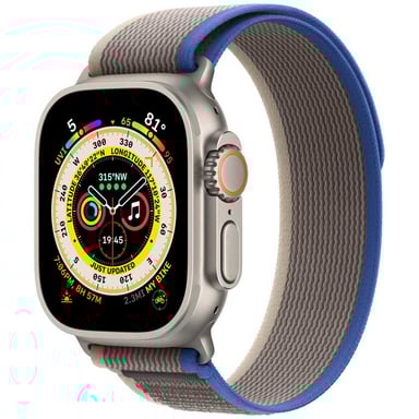 Bracelet Trail Loop pour l'Apple Watch Series 1-9 / SE / Ultra (2) - 42/44/45/49 mm - Taille S/M - Bleu / Gris