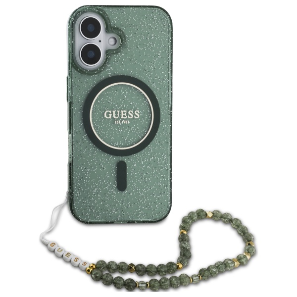 Étui Guess pour iPhone 16 Plus 6.7  vert étui rigide IML Glitter With Pearl Strap MagSafe - Neuf