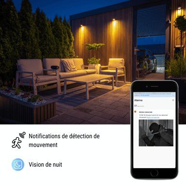 Konyks Camini Air SE - Telecamera di sorveglianza wireless WiFi per esterni, notifiche di rilevamento del movimento, visione notturna a colori, funzione luce e sirena