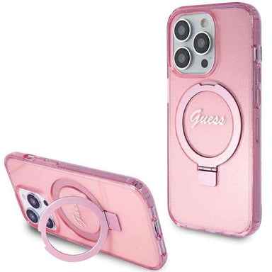 Custodia Guess per iPhone 15 Pro 6.1'' rosa Custodia rigida Anello Stand Script Glitter MagSafe