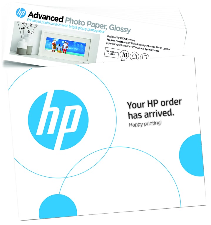HP Papier photo à finition glacée Advanced, 65 lb, 4 x 12 pouces (101 x 305 mm), 10 feuilles - Neuf
