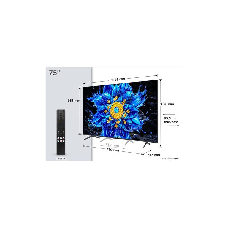 TV TCL QLED P8L 75P8L 75 4K UltraHD 144Hz Smart TV Google TV HDR10 Dolby Vision - vue 4