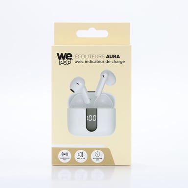 Ecouteurs sans-fil avec indicateur de charge AURA, Bluetooth, batterie intégrée 40mAh, Boitier de recharge 400mAh, ANC, blanc