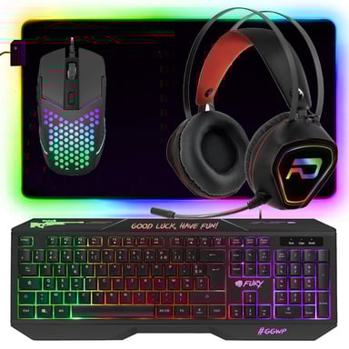 Pack Gamer 4 en 1 FURY HELLFIRE Clavier, Souris, Tapis, Casque Retro-éclairage RGB