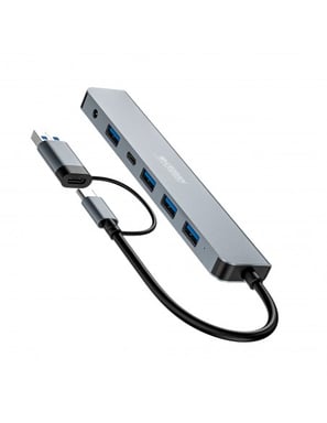 URBAN FACTORY Hub MINEE USB-A/C con 7 Puertos Multi-conector USB 3.0 ultrarrápido de 15 cm Gris