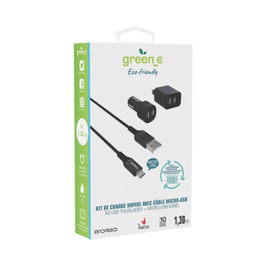 GREEN E - KIT DE CHARGE Ecoconçu (Cable Micro-USB vers USB + Adaptateur prise + Adaptateur allume cigare)