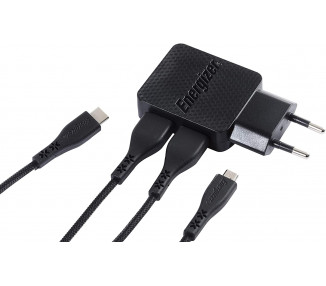 Cargador de red con garantía de por vida - 2,4A - 2USB - enchufe UE - cables USB-C 2.0 y Micro-USB incluidos.