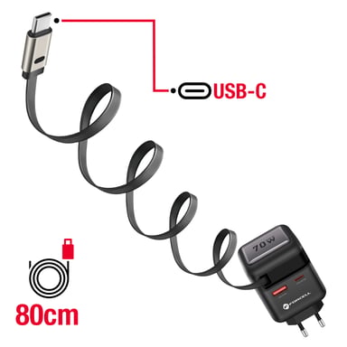 Chargeur Smartphone et Tablette 70W GaN III USB-C avec Câble Rétractable Compact Noir