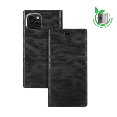 Diarycase 2.0 Coque clapet en cuir véritable avec support aimanté et fabriqué avec un étui en plastique recyclé pour Apple iPhone 15, Noir Minuit