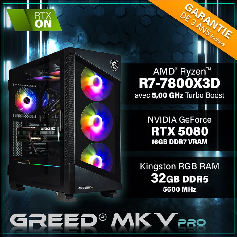 MK5 Pro - PC Gamer - AMD Ryzen 7 7800X3D - Nvidia Geforce RTX 5080 (16 Go) - Ultra Bureau PC Gaming - 4K & Raytracing avec 32 GO RAM DDR5 - Watercool - 2 TO SSD - Ordinateur avec WiFi + Windows 11 Pro - Neuf