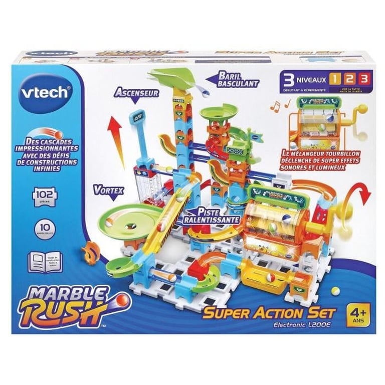 Circuit de billes électronique VTech Marble Rush L200E 102 pièces 10 billes Multicolore, module à manivelle, ascenseur, rampes lentes, entonnoirs et effets lumineux - Neuf