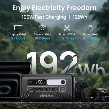 Central eléctrica portátil DaranEner Q200, batería LiFePO4 de 192?Wh, USB?C bidireccional 100?W, doble USB?A 18?W, salida CC 60?W, entrada 100?W, entrada solar 60?W, luz LED, para camping y uso al aire libre