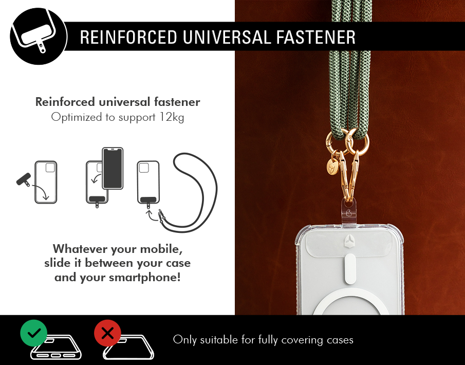 Bandoulière Cordon Universelle Amovible Kaki détails dorés + Garantie à vie Force Case - Neuf