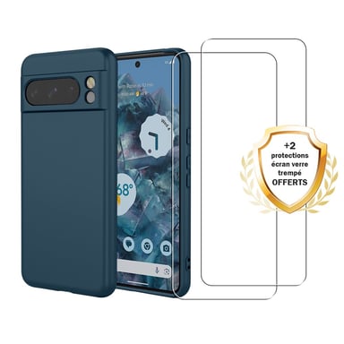 EVETANE Funda Google Pixel 8 Pro Silicona Líquida Azul + 2 Cristales Templados Protector de Pantalla Antigolpes