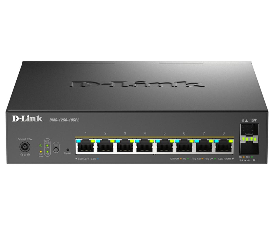 D Link DMS 1250 10SPL Commutateur C2+ intelligent 2 x 1010010002.5G PoE++ + 6 x 1010010002.5G PoE+ + 2 x 10 Gigabit SFP+ de bureau PoE++ - vue 2