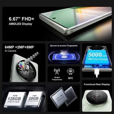 FOSSiBOT S3 Pro Smartphone 4G, Pantalla Curvada AMOLED de 6.67'', Pantalla Trasera de 1.09'', 6GB RAM 128GB ROM, Cámara AI de 64MP, Batería de 5000mAh, Helio G85, NFC, SIM Doble, Android 14, Desbloqueo Facial, Negro