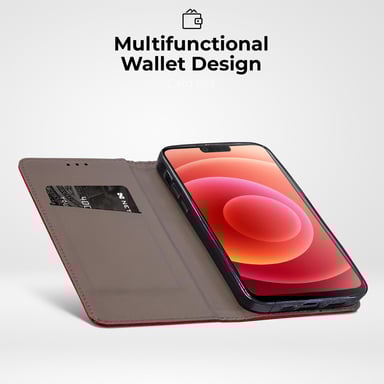 Moozy Étui à rabat pour iPhone 14, Rouge – Étui portefeuille à rabat magnétique intelligent avec porte-cartes et support, emplacements pour cartes de crédit, fonction béquille