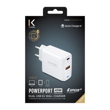 Chargeur secteur mural UE double USB universel PowerPort Speed+ Charge Rapide 45W (QC 4+/Power Delivery), Blanc