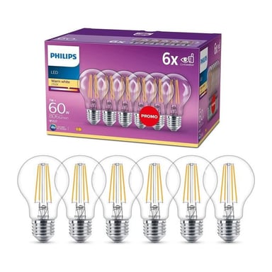 Pack de 6 ampoules LED E27 transparentes 60W Philips, blanc chaud