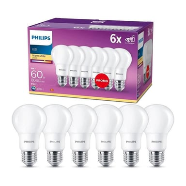 Pack de 6 ampoules LED Philips E27 60W, lumière chaude