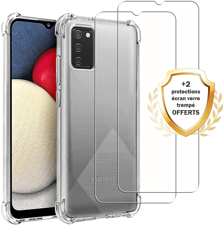 Evetane Coque Samsung Galaxy A02s Antichoc Silicone + 2 Vitres en verre trempé Protection écran