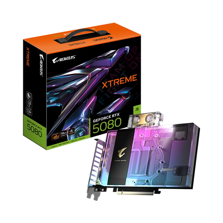 GIGABYTE AORUS GeForce RTX 5080 XTREME WATERFORCE WB 16G Carte Graphique GDDR7 256 bits PCI E 5.0 2805MHz Core Clock 3 x DP 2. 1 x HDMI 2.1b NVIDIA DLSS 4 GV N5080AORUSX WB 16GD Neuf
