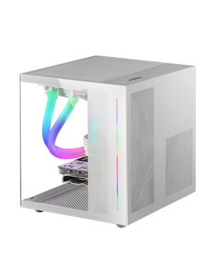 Mars Gaming MC-VIEW, Caja PC Gaming Micro-ATX con Cristal Templado Continuo 90º, Mini Torre PC con Doble Cámara, Soporte Refrigeración Líquida, Blanco