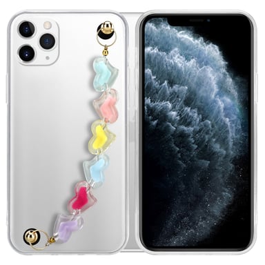Coque pour Apple iPhone 11 PRO MAX en Transparent avec des cœurs colorés Housse de protection Étui en silicone TPU flexible et avec tour de cou chaîne de poignet