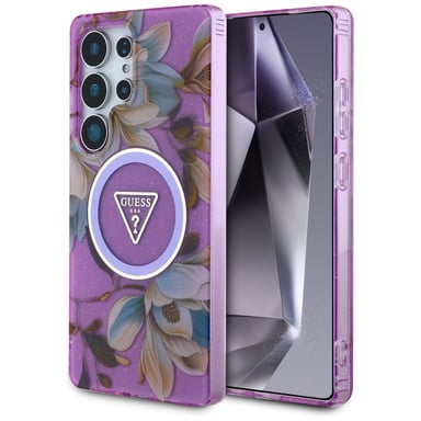 Étui Guess Glitter Flowers MagSafe pour Samsung Galaxy S25 Ultra, violet