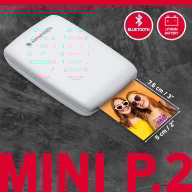 AGFA PHOTO Mini P.2 - Stampante fotografica istantanea Zink portatile - Stampa facile e veloce - Stampante fotografica portatile senza inchiostro da 75 x 50 mm per smartphone e tablet - Bianco