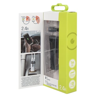 Caricatore da auto Tab Pack 2Usb + cavo 2,4A Usb/Micro-Usb 1M Nero