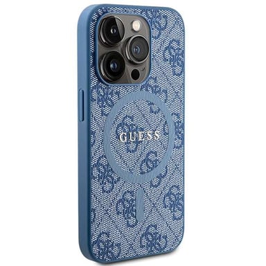 Custodia Guess per iPhone 14 Pro 6.1'' blu Custodia rigida 4G Collection in pelle Logo in metallo MagSafe