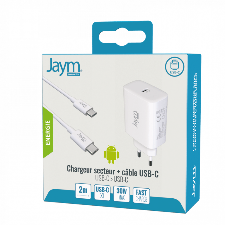 Jaym - Pack Chargeur Secteur Rapide USB-C 30W PD + Câble USB-C 2 mètres vers Type C - Blanc