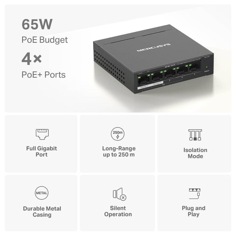 Mercusys MS105GP commutateur réseau Gigabit Ethernet (10/100/1000) Connexion Ethernet, supportant l'alimentation via ce port (PoE) Noir - Neuf