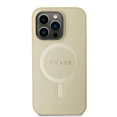 Custodia Guess per iPhone 15 6,1'' oro Custodia rigida MagSafe Saffiano