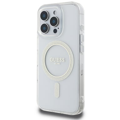 Custodia Guess per iPhone 16 Pro Max 6,9'' custodia rigida trasparente IML Glitter Circle MagSafe