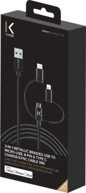 Cavo di ricarica/sincronizzazione USB 3 in 1 a micro-USB, Lightning® certificato Apple MFi e intrecciato metallico di tipo C (1M)