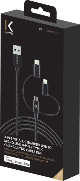 Câble USB charge/sync 3-en-1 vers micro-USB, Lightning® certifié MFi Apple  & type C tressé métallisé (1M) - The Kase
