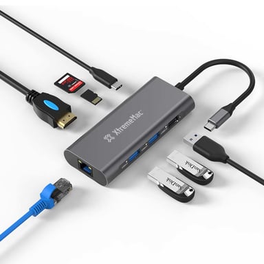 HUB TIPO-C - 8 PUERTOS Ethernet, HDMI, tarjetas SD/MSD, USB-C PD 100W, 3* USB 3.0