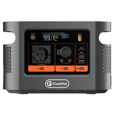Stazione di alimentazione portatile FlashFish E106B, batteria LiFePO4 da 384?Wh, uscita a onda sinusoidale pura 600?W, 8 uscite, ricarica rapida CA 250?W + solare 200?W, USB?C PD 100?W, presa accendisigari 120?W, display LCD, per campeggio, camper e backup di emergenza