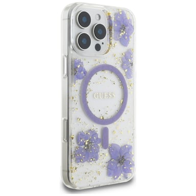 Étui Guess Resin Flowers MagSafe pour iPhone 16 Pro Max violet