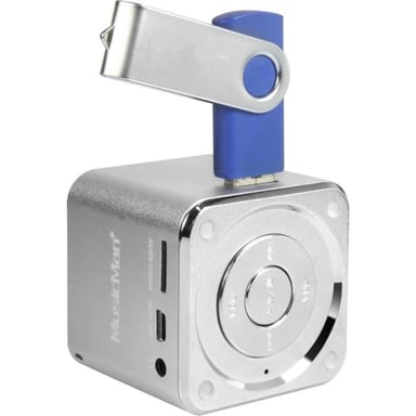MUSICMAN MINI SOUNDSTATION Mini altavoz portátil con reproductor de MP3 integrado, puerto USB y ranura para tarjeta micro SD de hasta 32 GB - Plata