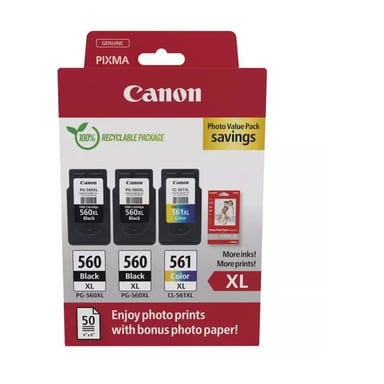 Canon PG-560XL/CL-561XL Pack de 3 Cartuchos de Tinta Originales + Papel Fotográfico Brillante GP-501 - 371