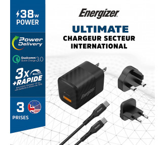 Chargeur 38W - PD 20W + QC3 18W - Câble USB-C/USB-C inclus - EU / UK / US