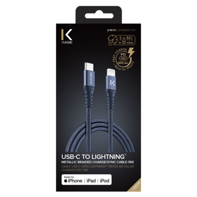 Cable de carga/sincronización trenzado metálico USB-C a Lightning con certificación MFi de Apple (1M), azul Oxford