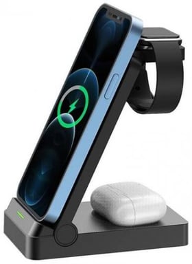 Urban Factory Powee Pro Cargador 3 en 1 con función de soporte para Smartphone Smartwatch y Auriculares 22.5 W Negro