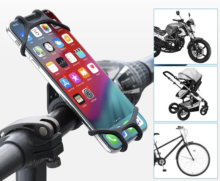 Support Vélo Silicone pour Smartphone Guidon GPS Moto Poussette VTT Rotatif  Universel (NOIR)