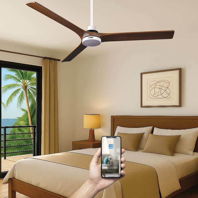 Fanelite - Ventilateur de plafond 142 cm blanc et bois ARUBA - Moteur DC 35W - LED 20W dimmable 3 couleurs - Wifi - Silencieux - Neuf